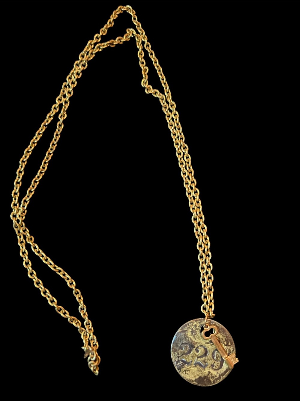 Antique Skeleton Key & Industrial Tag 229 Necklace Long Brass